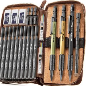 imageNicpro 17PCS 13 mm Mechanical Pencil Set in Leather Bag with 90 Lead Refill3 Eraser12 Eraser Refills Weatherproof Metal BarrelHeavy Duty Carpenter Pencil for Outdoor Marking Drawing WoodworkingMulticolor