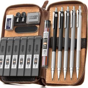 imageNicpro 17PCS Metal 2mm Mechanical Pencil Set in Leather Case 5 PCS 20 mm Lead Pencil Holders 4B 2B HB 2H 4H 6 Tube Black Colored Lead Refills Erasers Sharpener For Art Drafting Sketching Drawing17PCS