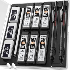 imageNicpro 2 PCS Mechanical Pencil 05mm ampamp 07 mm with Case MP1000 Metal Artist Pencil Set with 6 Tubes HB Lead Refills 3 Erasers 9 Eraser Refills For Art Writing Drafting Drawing Sketch SilverBlack