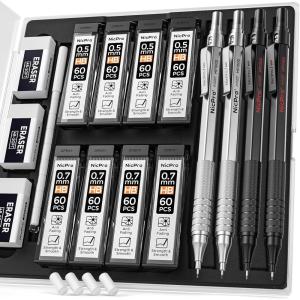 imageNicpro 2 PCS Mechanical Pencil 05mm ampamp 07 mm with Case MP1000 Metal Artist Pencil Set with 6 Tubes HB Lead Refills 3 Erasers 9 Eraser Refills For Art Writing Drafting Drawing Sketch SilverBlack  Silver 4 Pack
