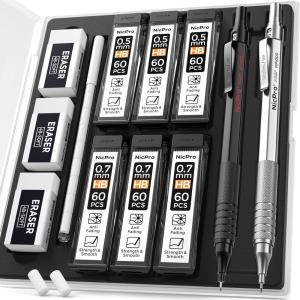 imageNicpro 2 PCS Mechanical Pencil 05mm ampamp 07 mm with Case MP1000 Metal Artist Pencil Set with 6 Tubes HB Lead Refills 3 Erasers 9 Eraser Refills For Art Writing Drafting Drawing Sketch SilverSilver Black