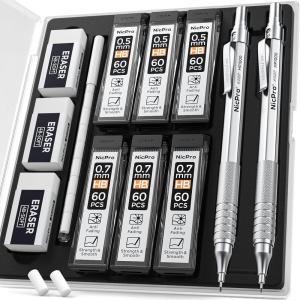 imageNicpro 2 PCS Mechanical Pencil 05mm ampamp 07 mm with Case MP1000 Metal Artist Pencil Set with 6 Tubes HB Lead Refills 3 Erasers 9 Eraser Refills For Art Writing Drafting Drawing Sketch SilverSilver