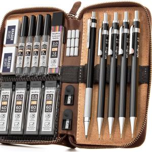 imageNicpro 20PCS Metal Mechanical Pencil Set in Leather Case 03 ampamp 05 ampamp 07 ampamp 09 mm ampamp 2mm Lead Pencil Holders 4B 2B HB 2H Lead Refills Black ampamp Colors Erasers For Art Drafting Sketching DrawingBlack