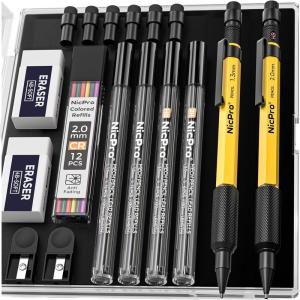 imageNicpro 2PCS 13 ampamp 20 mm Mechanical Pencils Set with 48 Lead Refills 2B HB Colored Eraser Sharpeners  Weatherproof Metal Barrel Heavy Duty Carpenter Pencil for Outdoor Marking Drafting Sketching