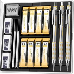 imageNicpro 3 Pack Blocky Gear 05 mm Metal Mechanical Pencils Set with Case Lead Drafting Pencil with 8 Tube 480PCS Lead RefillsHB 2B 4 Erasers 18 Eraser Refills for Art Writing Sketching Drawing09mm