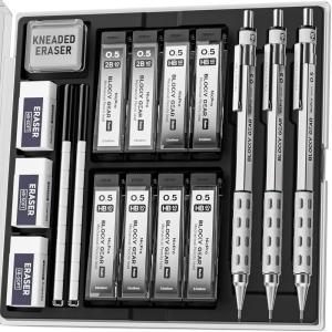 imageNicpro 3 Pack Blocky Gear 05 mm Metal Mechanical Pencils Set with Case Lead Drafting Pencil with 8 Tube 480PCS Lead RefillsHB 2B 4 Erasers 18 Eraser Refills for Art Writing Sketching Drawing05mm