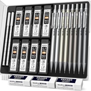 imageNicpro 8 Pack 05mm ampamp 07mm Metal Mechanical Pencil Set Lead Drafting Pencil for Artist Writing Sketching Drawing with 8 Tubes HB Lead Refills 3PCS 4B Eraser 9PCS Eraser Refills  With Case05mm  07mm