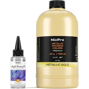 imageNicpro Titanium White Color Acrylic Pour Paint 32 Ounce PreMixed Pouring Paint Supplies with Silicone Pour Oil ampamp Gloves for Canvas Rock Wood Cell Creation Flow DIY Art Painting Ready to Pour32ozgold
