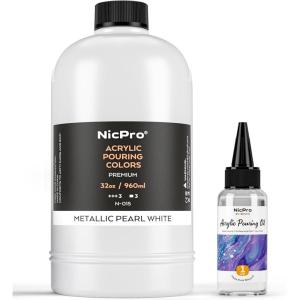 imageNicpro Titanium White Color Acrylic Pour Paint 32 Ounce PreMixed Pouring Paint Supplies with Silicone Pour Oil ampamp Gloves for Canvas Rock Wood Cell Creation Flow DIY Art Painting Ready to Pour32ozmetallic white