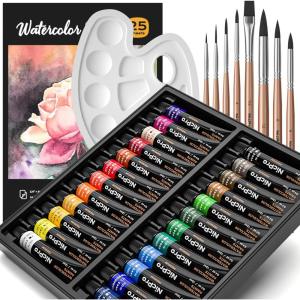 imageNicpro Watercolor Paint Kit Professional Painting Supplies Set 24 Tube Water Color Paints 8 Synthetic Squirrel Brushes 25 Paper Pad Palette Color Wheel for Artists Beginners Kids Adults