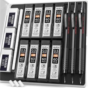 imageNicpro 05 mm Mechanical Pencils Set with Case 3 Metal Artist Pencil With 480PCS HB Lead Refills 3 Erasers9 Eraser Refills For Architect Art Writing Drafting Drawing Engineering Sketching BlackBlack