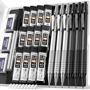 imageNicpro 05 mm Mechanical Pencils Set with Case 3 Metal Artist Pencil With 480PCS HB Lead Refills 3 Erasers9 Eraser Refills For Architect Art Writing Drafting Drawing Engineering Sketching BlackBlackSilver