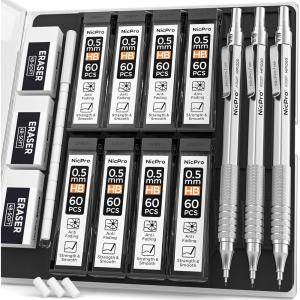 imageNicpro 05 mm Mechanical Pencils Set with Case 3 Metal Artist Pencil With 480PCS HB Lead Refills 3 Erasers9 Eraser Refills For Architect Art Writing Drafting Drawing Engineering Sketching BlackSilver
