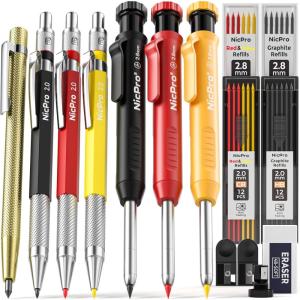 imageNicpro 10 Pack Carpenter Pencils Mechanical Construction Pencils with 21 Refill Automatic Center Punch and Carbide Scribe Tool Mechanical Pencil for Woodworking Best Carpenters Marking ToolSet 3