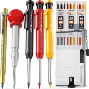 imageNicpro 10 Pack Carpenter Pencils Mechanical Construction Pencils with 21 Refill Automatic Center Punch and Carbide Scribe Tool Mechanical Pencil for Woodworking Best Carpenters Marking ToolSet 1