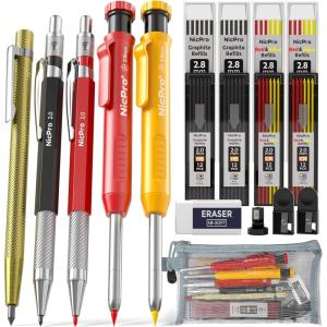 imageNicpro 10 Pack Carpenter Pencils Mechanical Construction Pencils with 21 Refill Automatic Center Punch and Carbide Scribe Tool Mechanical Pencil for Woodworking Best Carpenters Marking ToolSet 2