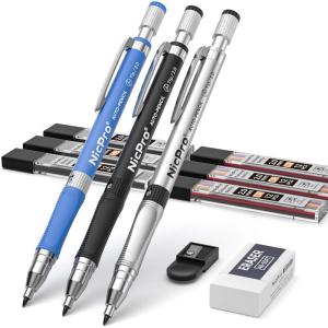 imageNicpro 11 Pieces 2mm Mechanical Pencil Set 3 PCS Carpenter Drafting Pencil 20 mm for Art Drawing Writing Sketching Construction with 6 Tube PreSharpen HB ampamp 2B Refill Eraser SharpenerBlack  Colors
