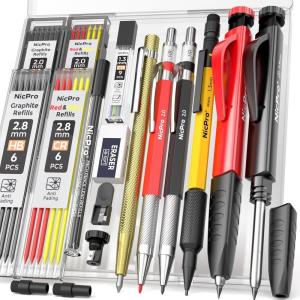 imageNicpro 17Pack Carpenter Pencil Set with Sharpener Mechanical Carpenter Pencils with 57 Refill Automatic Center Punch and Carbide Scribe Woodworking Tool Heavy Duty Construction Pencil for Architect