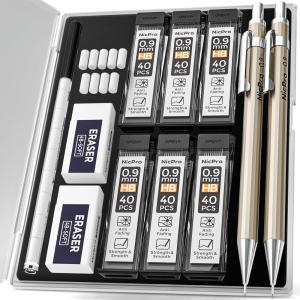 imageNicpro 2 PCS 09 mm Metal Mechanical Pencils Set Drafting Pencil for Artist Writing Sketching Drawing with 4 Tubes HB Lead Refill ampamp Erasers Erasers Refills ampamp Storage Case09 mm