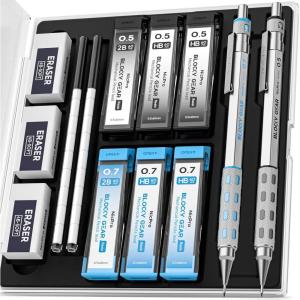 imageNicpro 2 Pack Blocky Gear Metal Mechanical Pencils Set with Case 05 mm ampamp 07 mm Lead Drafting Pencil with 6 Tube 360PCS Lead RefillsHB 2B 3 Erasers 18 Eraser Refills for Art Sketching Drawing
