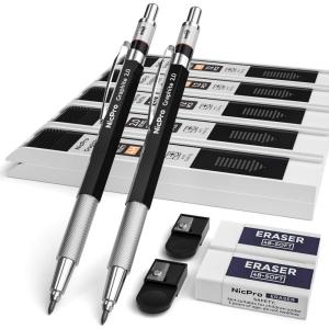 imageNicpro 2mm Metal Mechanical Pencil Set 2PCS Lead Holder 20 mm Marker Artist Carpenter Pencils with 120 Graphite Lead Refill HB 2H 4H 2B 4B ampamp Color 2 Eraser for Drafting Drawing Writing Sketching2 Pack 2MM