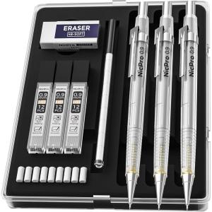 imageNicpro 3 PCS 09 mm Art Mechanical Pencil Set with Case Drafting Pencil 09mm with 3 Tubes HB Lead Refills Eraser for School Supplier Architect Art Writing Drafting Drawing Sketching