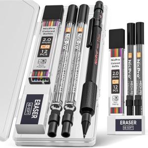 imageNicpro 3 Pack 2mm Mechanical Pencils Set with Case 33 Graphite Lead Refills 4B 2B HB 2H 4H 36 Colored Lead Erasers Weatherproof Metal Barrel Heavy Duty Carpenter Pencil For Drawing Sketching1 Count Pack of 1