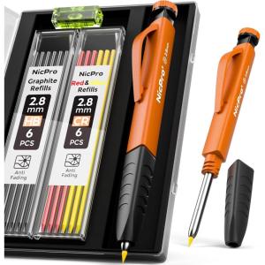 imageNicpro 3 Pack Carpenter Pencil Set with Sharpener ampamp Finger Grip Mechanical Woodworking Pencils with 39 Refills Red Black Yellow Deep Hole Marker Heavy Duty Construction Pencils  With Case1 PACK