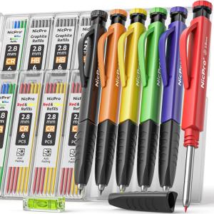 imageNicpro 3 Pack Carpenter Pencil Set with Sharpener ampamp Finger Grip Mechanical Woodworking Pencils with 39 Refills Red Black Yellow Deep Hole Marker Heavy Duty Construction Pencils  With Case6 PACK