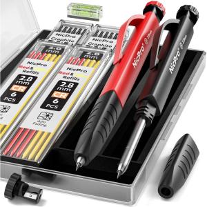 imageNicpro 3 Pack Carpenter Pencil Set with Sharpener ampamp Finger Grip Mechanical Woodworking Pencils with 39 Refills Red Black Yellow Deep Hole Marker Heavy Duty Construction Pencils  With Case2 PACK