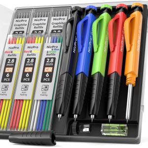 imageNicpro 3 Pack Carpenter Pencil Set with Sharpener ampamp Finger Grip Mechanical Woodworking Pencils with 39 Refills Red Black Yellow Deep Hole Marker Heavy Duty Construction Pencils  With Case5 PACK