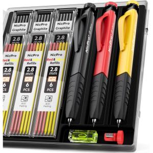imageNicpro 3 Pack Carpenter Pencil Set with Sharpener ampamp Finger Grip Mechanical Woodworking Pencils with 39 Refills Red Black Yellow Deep Hole Marker Heavy Duty Construction Pencils  With Case3 PACK