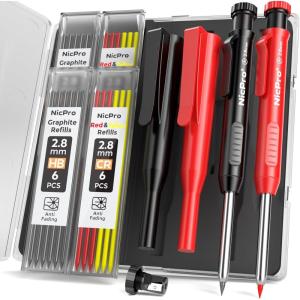 imageNicpro 3 Pack Carpenter Pencil with Sharpener ampamp Holder Mechanical Carpenter Pencils with 39 Refills Red Black Yellow Heavy Duty Construction Pencils Woodworking Pencils for Contractor Architect2 Pack