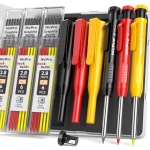 imageNicpro 3 Pack Carpenter Pencil with Sharpener ampamp Holder Mechanical Carpenter Pencils with 39 Refills Red Black Yellow Heavy Duty Construction Pencils Woodworking Pencils for Contractor Architect3 Pack