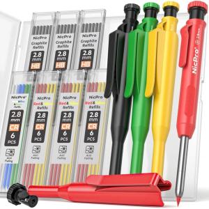 imageNicpro 3 Pack Carpenter Pencil with Sharpener ampamp Holder Mechanical Carpenter Pencils with 39 Refills Red Black Yellow Heavy Duty Construction Pencils Woodworking Pencils for Contractor Architect4 Pack