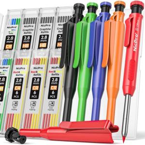 imageNicpro 3 Pack Carpenter Pencil with Sharpener ampamp Holder Mechanical Carpenter Pencils with 39 Refills Red Black Yellow Heavy Duty Construction Pencils Woodworking Pencils for Contractor Architect5 Pack