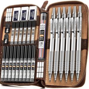 imageNicpro 30PCS Black Metal Mechanical Pencil Set in Leather Case Art Drafting Pencil 05 07 09 mm 2mm Lead Pencil Holders for Sketching Drawing With 16 Tube 6B 4B 2B HB 2H 4H ColorsLead RefillsSilver