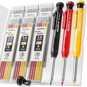 imageNicpro 4 Pack Carpenter Pencil with Sharpener Mechanical Carpenter Pencils with 52 Refills Construction Pencil Heavy Duty Woodworking Pencils for Architect Red Black Yellow BlueBlack Red Yellow
