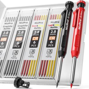 imageNicpro 4 Pack Carpenter Pencil with Sharpener Mechanical Carpenter Pencils with 52 Refills Construction Pencil Heavy Duty Woodworking Pencils for Architect Red Black Yellow BlueBlack Red