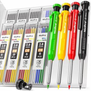 imageNicpro 4 Pack Carpenter Pencil with Sharpener Mechanical Carpenter Pencils with 52 Refills Construction Pencil Heavy Duty Woodworking Pencils for Architect Red Black Yellow BlueBlack Red Yellow Green