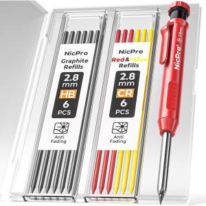 imageNicpro 4 Pack Carpenter Pencil with Sharpener Mechanical Carpenter Pencils with 52 Refills Construction Pencil Heavy Duty Woodworking Pencils for Architect Red Black Yellow BlueRed