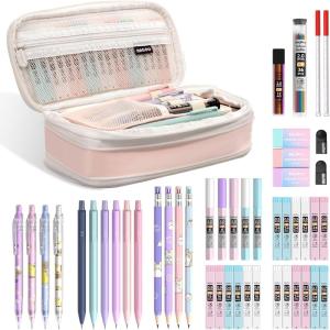 imageNicpro 47PCS Aesthetic School Supplies in Big Capacity Pen Case Cute Pastel Mechanical Pencils 05 07 09 ampamp 2mm Lead Holder with 25 Tube Lead Refills 4B 2B HB 2H Color Erasers for Student Writing