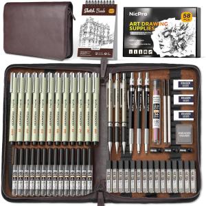 imageNicpro 58 PCS Art Drawing Supplies Kit in Leather Case Art Mechanical Pencil Set with 6 Metal Drafting Pencil 05 ampamp 07 ampamp 09 ampamp 2mm 12 Micron Pen Sketch Book 30 Tube Lead Refills for Sketching