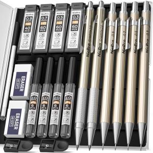 imageNicpro 6PCS Metal Mechanical Pencil Set Full Copper Drafting Pencil 03 05 07 09 mm ampamp 2PCS 2mm Graphite Lead Holder4B 2B HB 2H For Art Sketching Drawing With Lead Refills Eraser CaseGold