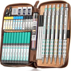 imageNicpro Blocky Gear Metal Mechanical Pencil Set with Leather Case 40PCS Art Drafting Pencil 05 07 09 ampamp 2mm Lead Pencil with 352PCS HB 2H 4H 2B 4B 6B Color Lead Refills for Sketching Drawing40 PCS