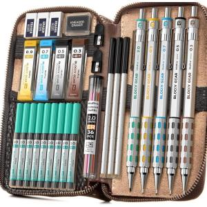 imageNicpro Blocky Gear Metal Mechanical Pencil Set with Leather Case 40PCS Art Drafting Pencil 05 07 09 ampamp 2mm Lead Pencil with 352PCS HB 2H 4H 2B 4B 6B Color Lead Refills for Sketching Drawing29 PCS
