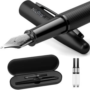 imageNicpro Fountain Pen Set Classic Black Fancy Pen 038mm Extra Fine Nib with Ink Refill Converter Metal Pen Case Smooth Writing Calligraphy Refillable Pen for Men Women Professional Office BusinessBlack