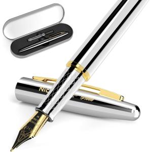 imageNicpro Fountain Pen Set Classic Black Fancy Pen 038mm Extra Fine Nib with Ink Refill Converter Metal Pen Case Smooth Writing Calligraphy Refillable Pen for Men Women Professional Office BusinessSilver