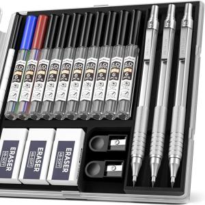 imageNicpro Metal 20 Mechanical Pencil Set with Case 3 PCS Drafting Lead Holder with 10 Tubes 2mm Graphite Lead RefillHB 2H 4H 2B 4B ampampColors Sharpeners Erasers for Artist Writing Drawing SketchingSilver