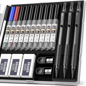 imageNicpro Metal 20 Mechanical Pencil Set with Case 3 PCS Drafting Lead Holder with 10 Tubes 2mm Graphite Lead RefillHB 2H 4H 2B 4B ampampColors Sharpeners Erasers for Artist Writing Drawing SketchingBlack